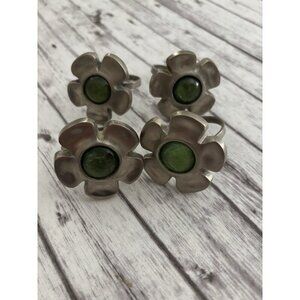 VTG Pier One Pewter Flower Napkin Rings Green Stone Center Set of 4
